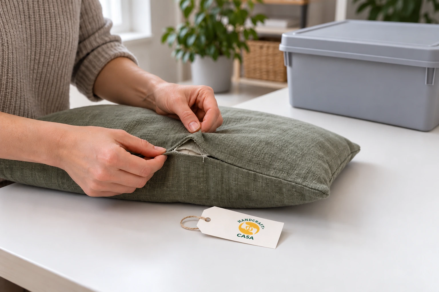 Hands inspect a torn seam in a green cushion cover beside a separate Casa paper tag and storage box.