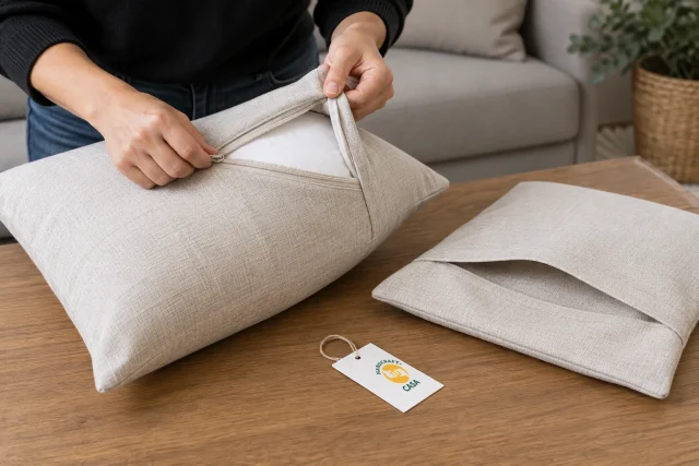 Hands inspect a cushion zipper beside an envelope-style cover and Casa paper tag.