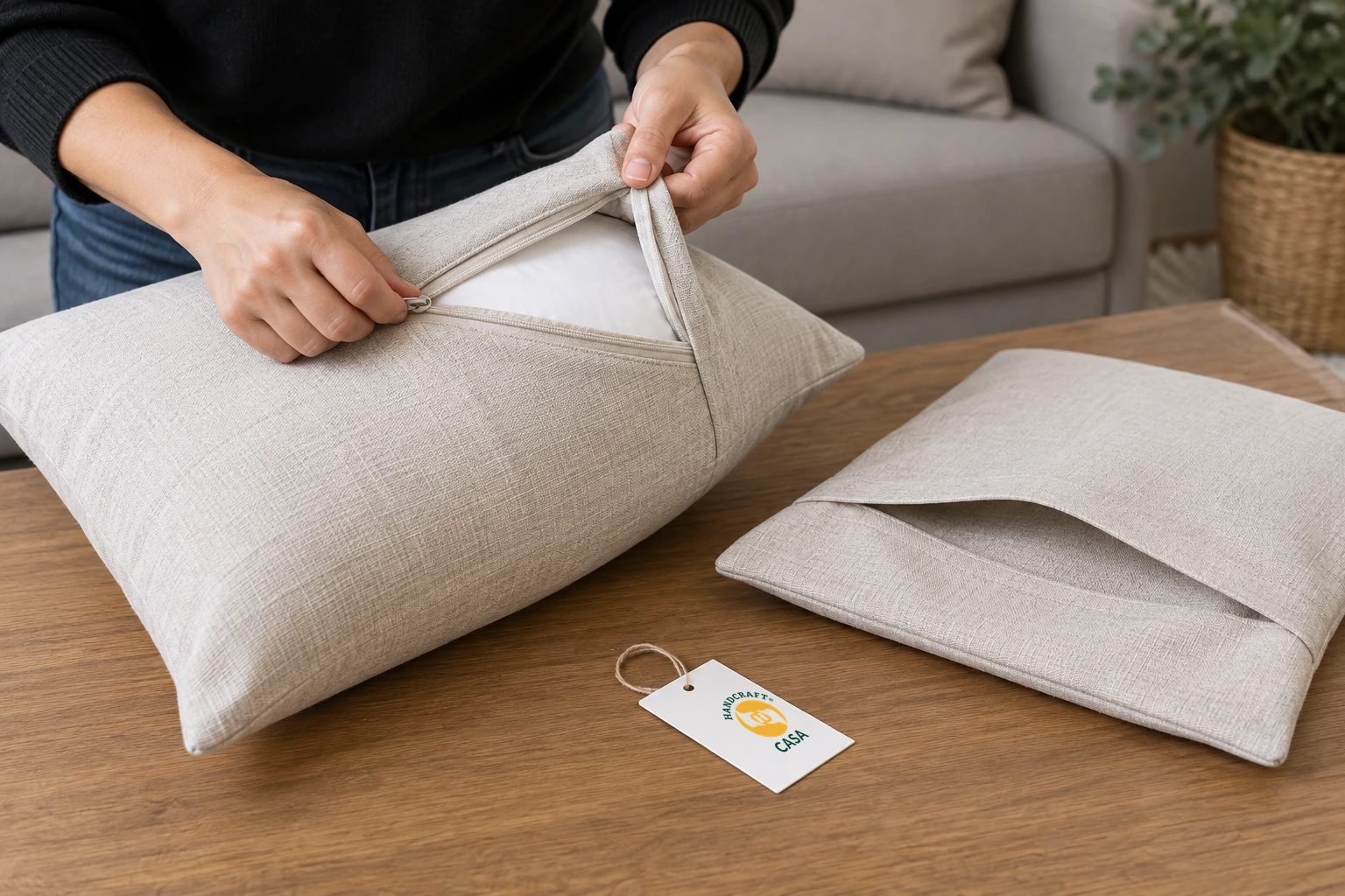 Hands inspect a cushion zipper beside an envelope-style cover and Casa paper tag.
