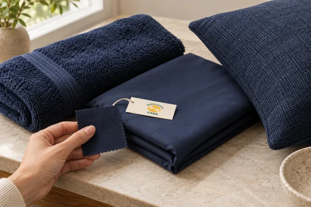 A hand compares a navy swatch with a towel, folded sheeting and textured cushion, with a Casa paper tag on the sheet sample.