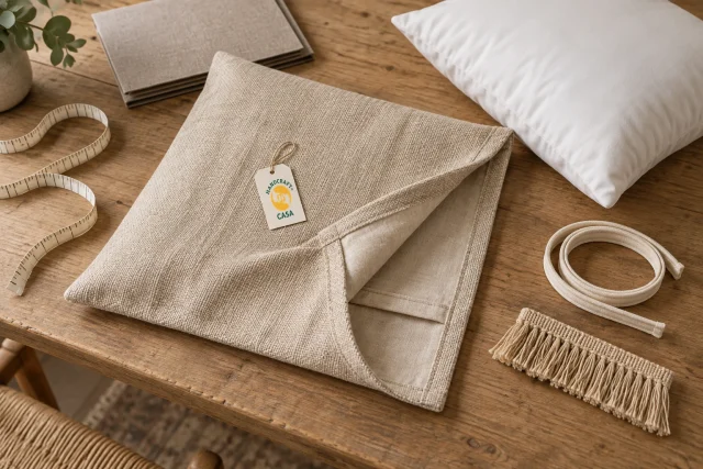 A neutral cushion cover and separate white insert beside trim samples, measuring tape and a Casa paper tag.