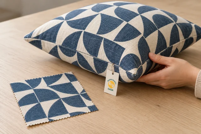 A hand holds a blue patterned cushion beside a matching fabric swatch and removable Casa paper tag.