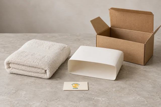 A folded towel, plain paper sleeve and open carton with a separate Casa paper reference card.