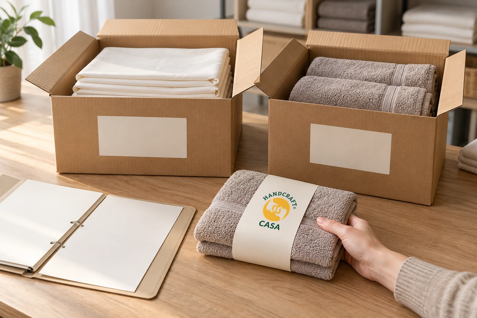 A hand holds banded towels beside cartons of sheets and towels, with the Casa logo on the removable towel band.