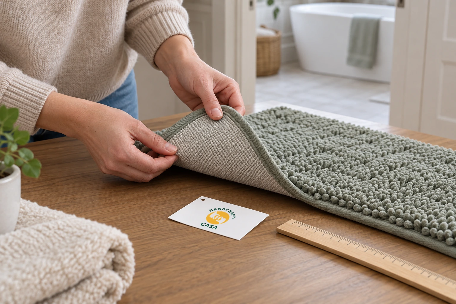 Hands lift a textured green bath mat to inspect its backing, beside a ruler and Casa paper tag.