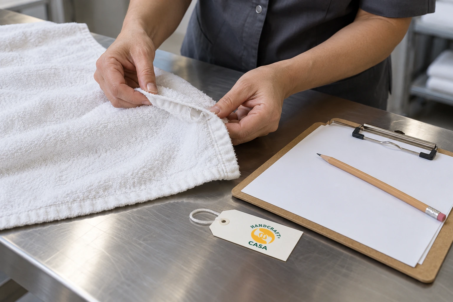 Hands inspect a frayed towel edge beside a blank clipboard and separate Casa paper tag.