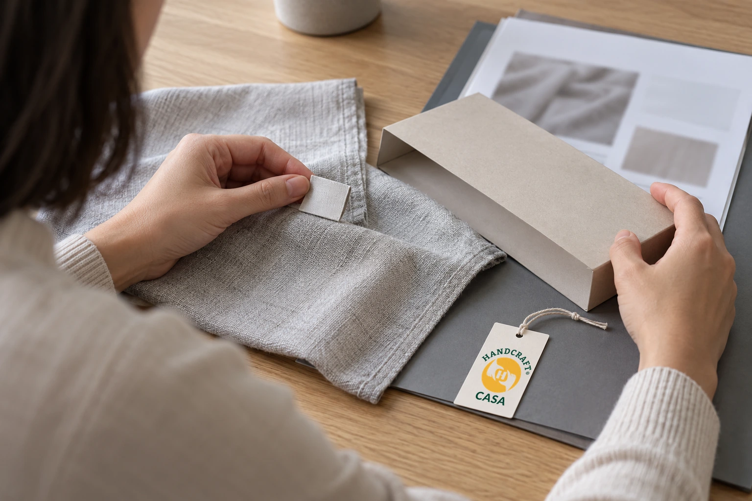 Hands review a grey textile label beside a plain packing sleeve and reference sheet, with a separate Casa paper tag on the table.