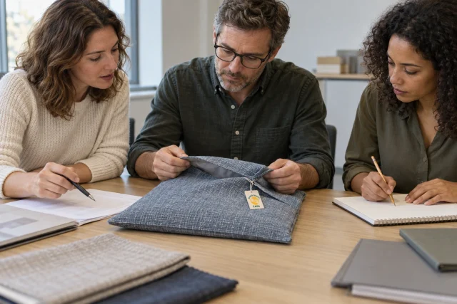 Three colleagues inspect a blue textile sample while comparing paperwork and taking notes, with a small removable Casa paper tag.