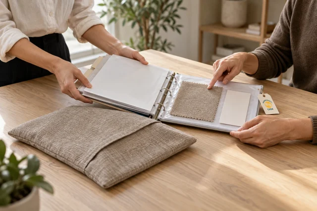 Two people review a textile handover binder with fabric swatch, plain reference card and a separate hanging Casa paper tag.