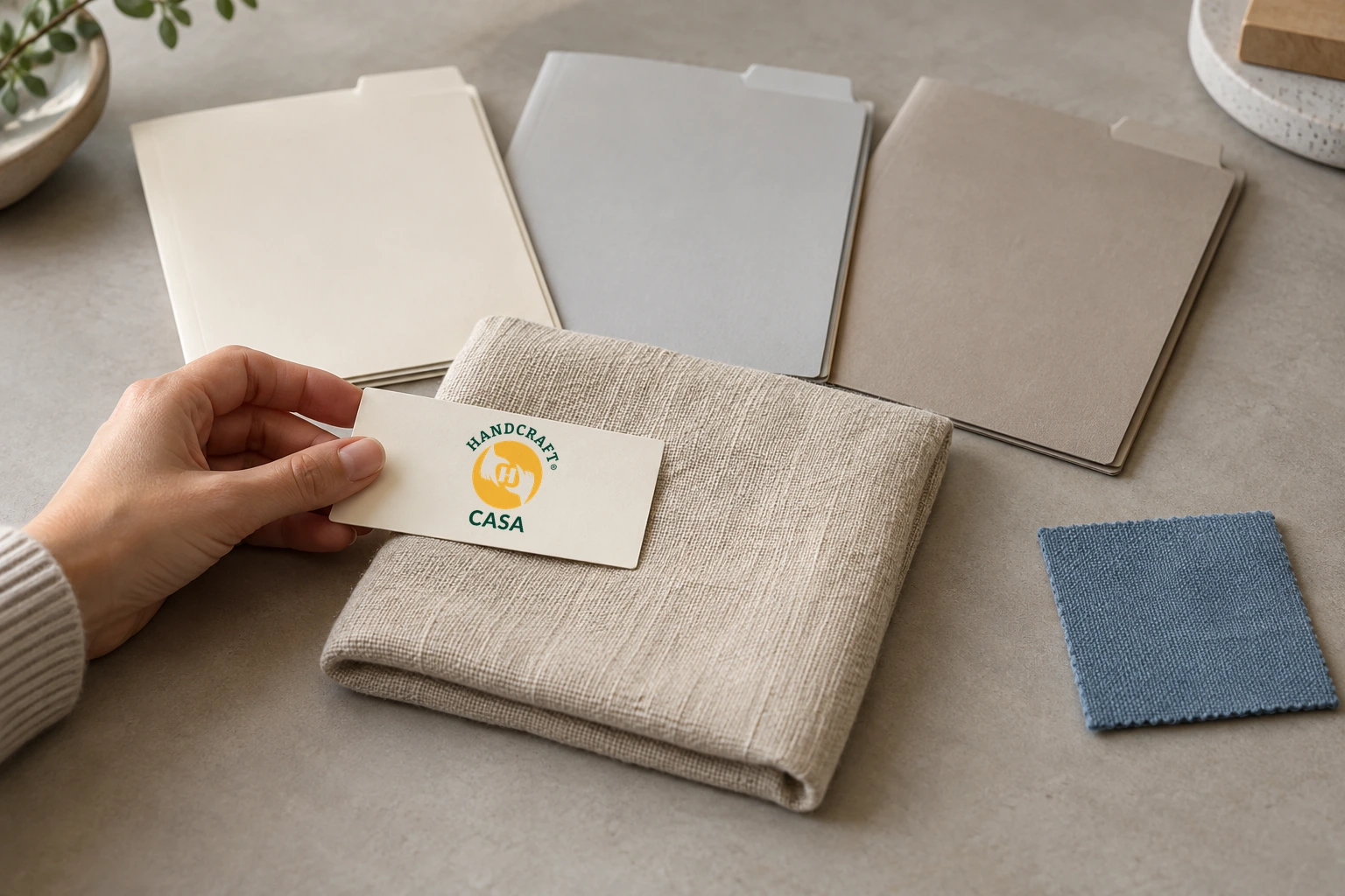 A hand holds a Casa sample-reference card over folded neutral fabric beside three plain folders and a blue fabric swatch.
