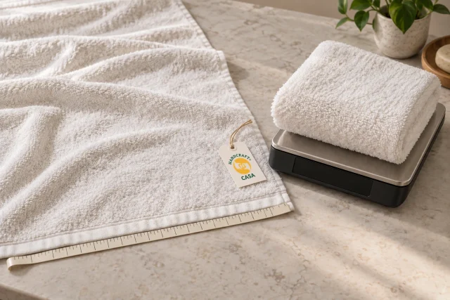 A towel lies beside a folded towel on a scale and a measuring strip, with a separate Casa paper tag.