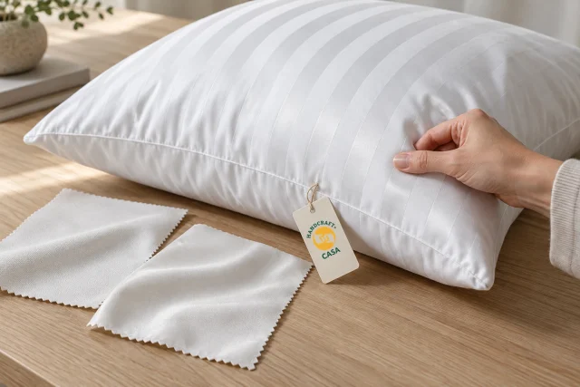 A hand inspects a striped pillowcase beside matte and lustrous fabric swatches, with a removable Casa paper tag.