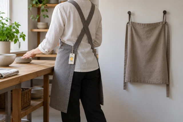 A person wears a grey cross-back apron beside a separate waist apron hanging on a wall, with a small Casa paper hangtag.