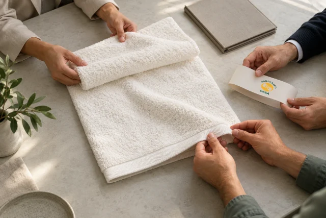 Staff inspect a white towel together while another person holds a loose Casa paper band.