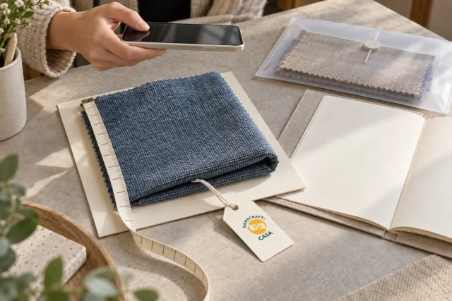 A blue textile sample is inspected beside a measuring tape, plain notebook, sample envelope and Casa paper tag.