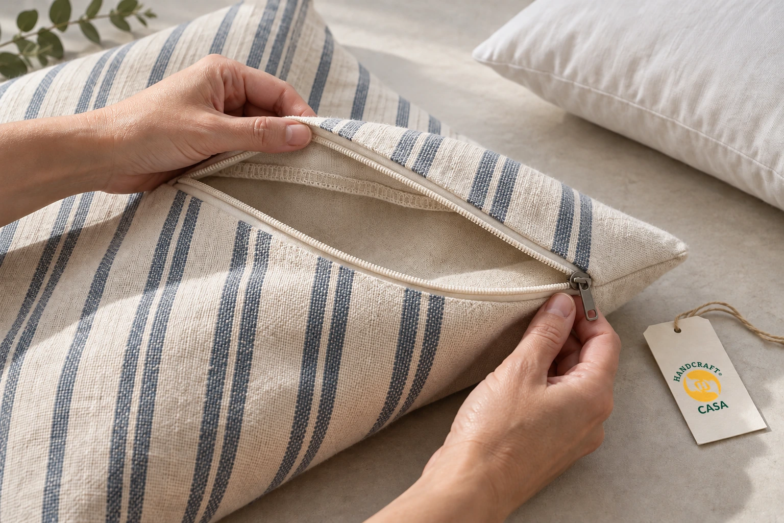 Hands inspect a striped cushion cover zipper beside a separate insert and Casa paper tag.