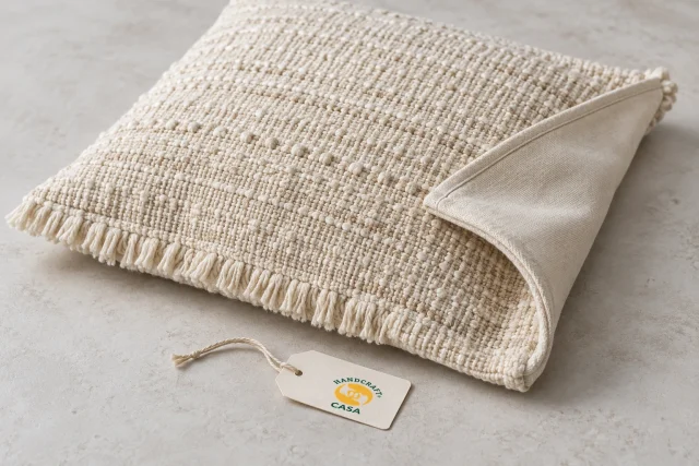 A folded textured natural-colour textile shows its backing beside a separate Casa paper tag.