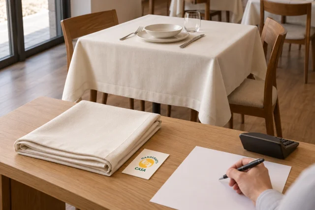 Reusable table linen is compared beside a calculator, blank notes and a separate Casa paper reference card.