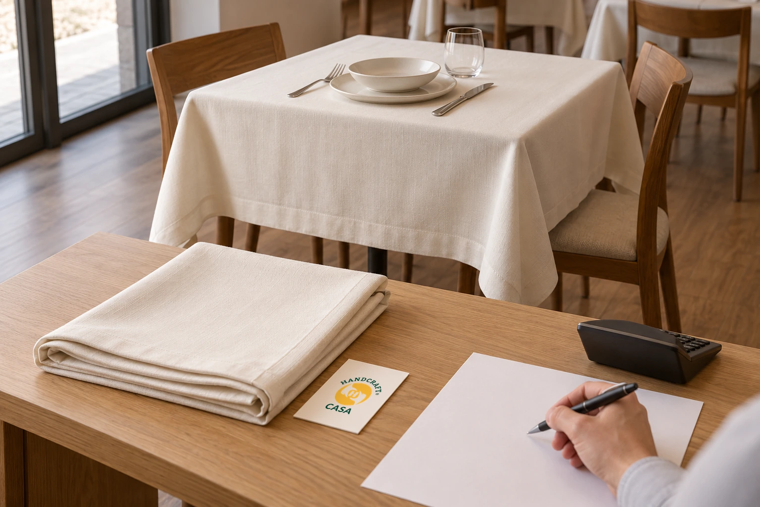 Reusable table linen is compared beside a calculator, blank notes and a separate Casa paper reference card.