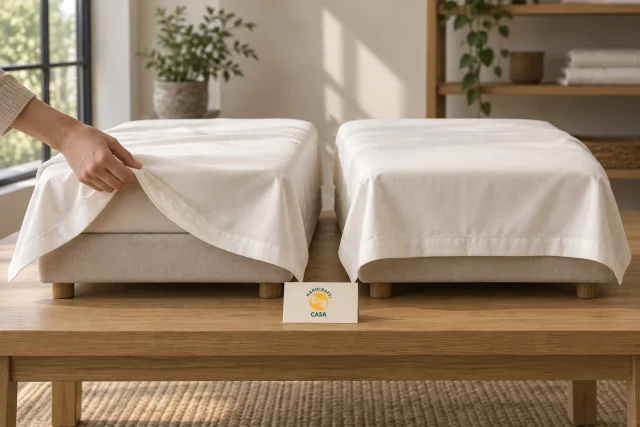 A hand compares two fitted white linen samples on separate platforms with a small Casa reference card between them.