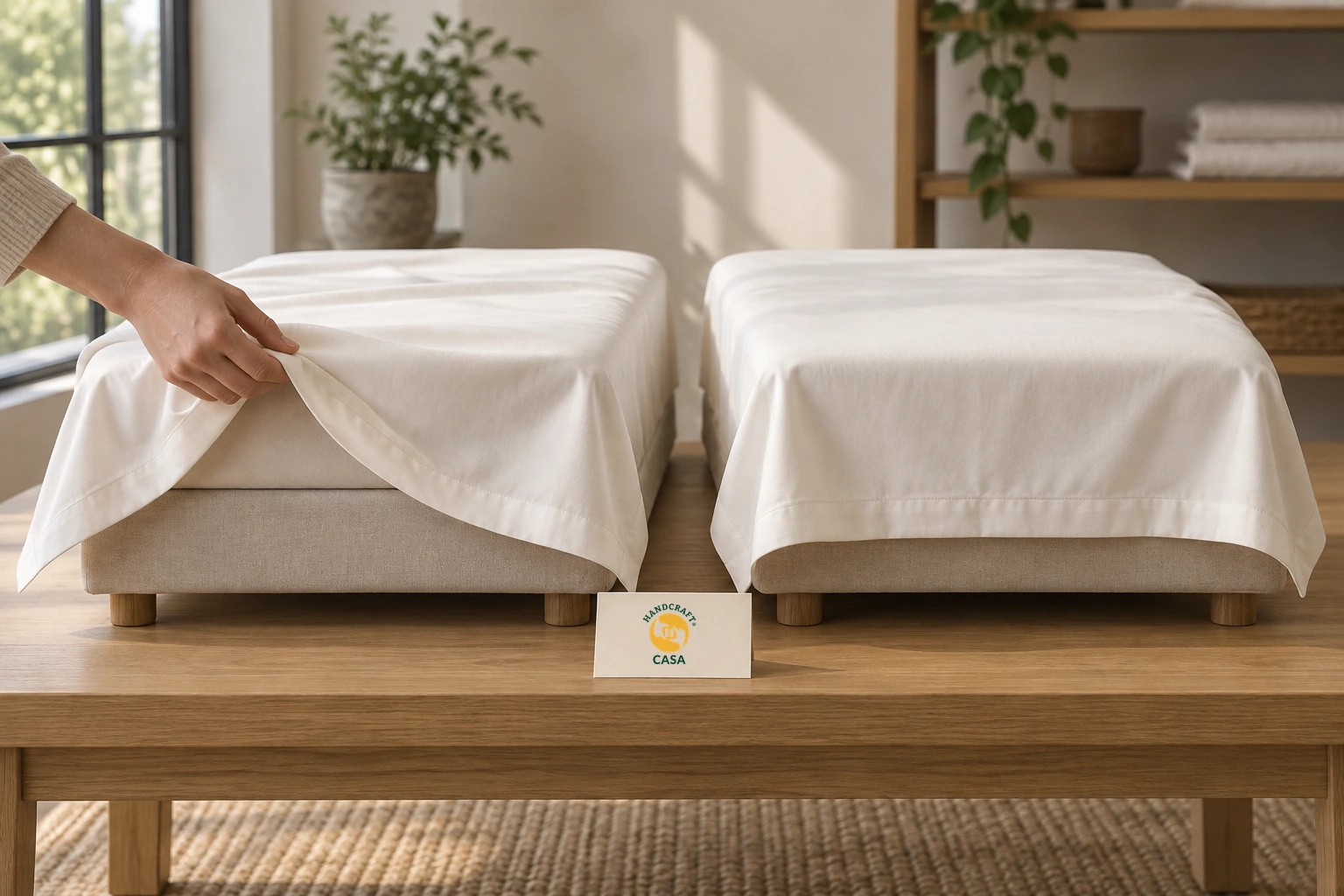 A hand compares two fitted white linen samples on separate platforms with a small Casa reference card between them.