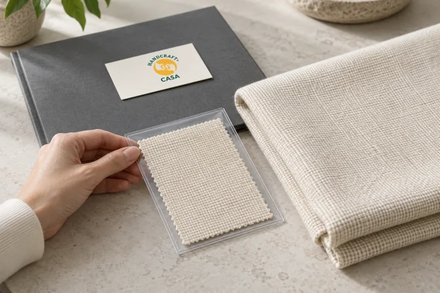 A textile specimen is compared with matching fabric beside a plain folder and separate Casa presentation card.