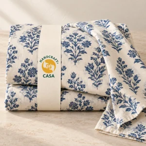 Hand Block Print Bed Sheet with a removable Casa presentation paper band.