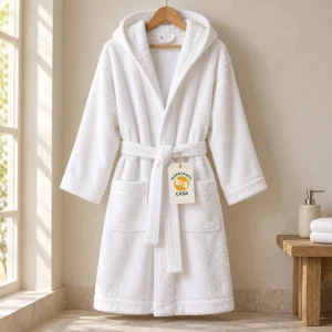 White hooded terry bathrobe on a hanger with a removable Casa tag.