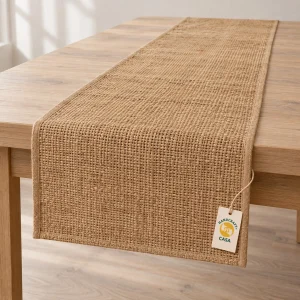 Natural jute table runner draped over a wooden table with a removable Casa paper tag.