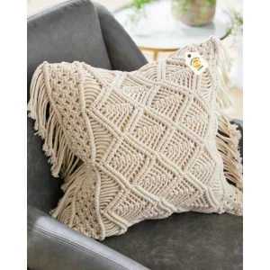 Cream cushion cover with raised knotted diamond patterns and fringe on a grey chair.