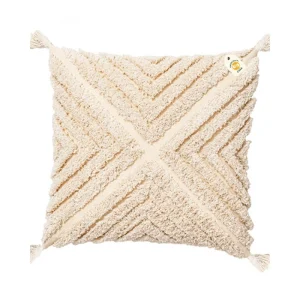 Cream cushion cover with raised diagonal zigzag texture and corner tassels.