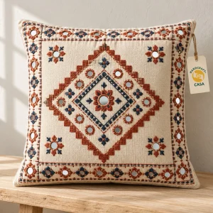 Cushion cover with geometric embroidery, reflective mirror details and a removable Casa paper tag.