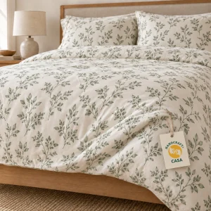 Sage-green leaf print cotton duvet cover on a bed with a removable Casa presentation tag.