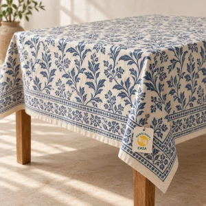 Blue floral printed cotton tablecloth on a dining table with a removable Casa tag.