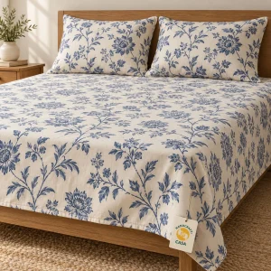 Printed Double Bed Sheet with Pillow Covers with a removable Casa presentation tag.
