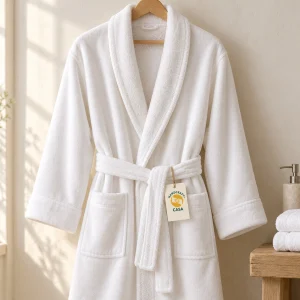 White velour shawl collar bathrobe on a hanger with a removable Casa tag.