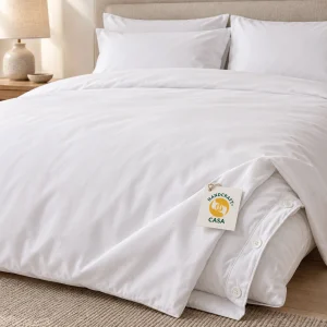 White Percale Hotel Duvet Cover with a removable Casa presentation tag.