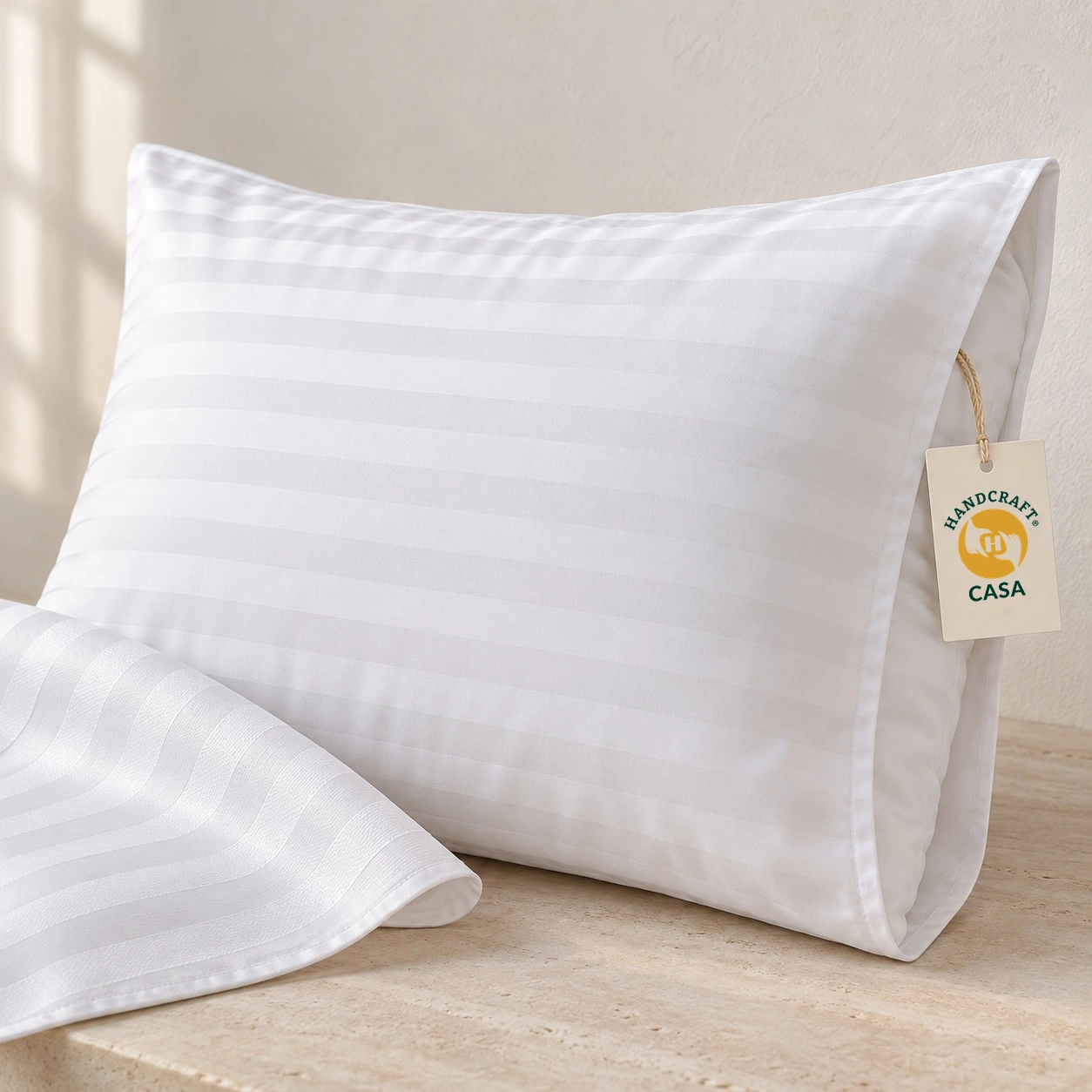 Illustrative white satin stripe hotel pillowcase in a bedroom setting