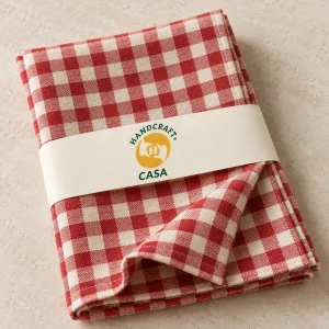 Folded red and cream woven check cotton napkin with a removable Casa paper band.